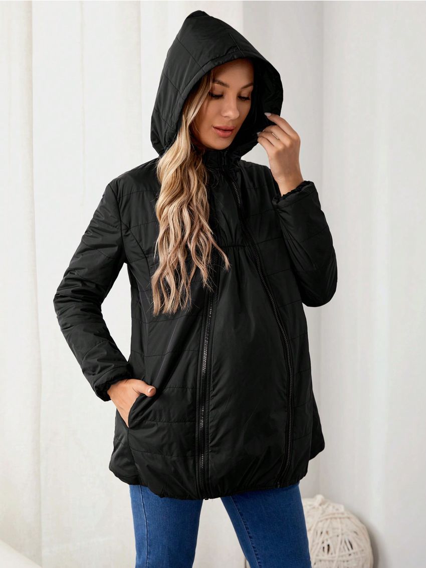SHEIN Maternity Zip Up Drawstring Hooded Puffer Coat