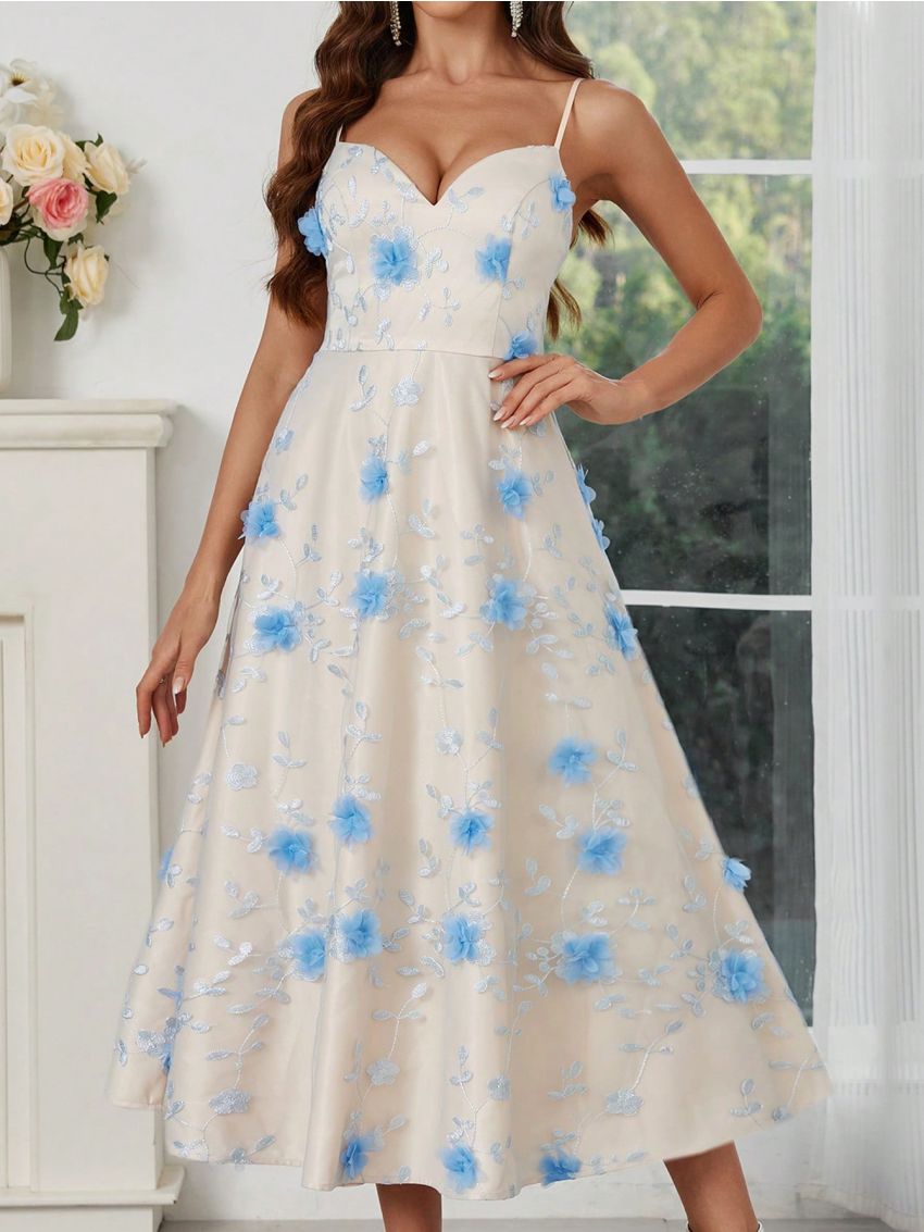 SHEIN Belle 3d Flower Decor Mesh Overlay Spaghetti Strap Party Dress