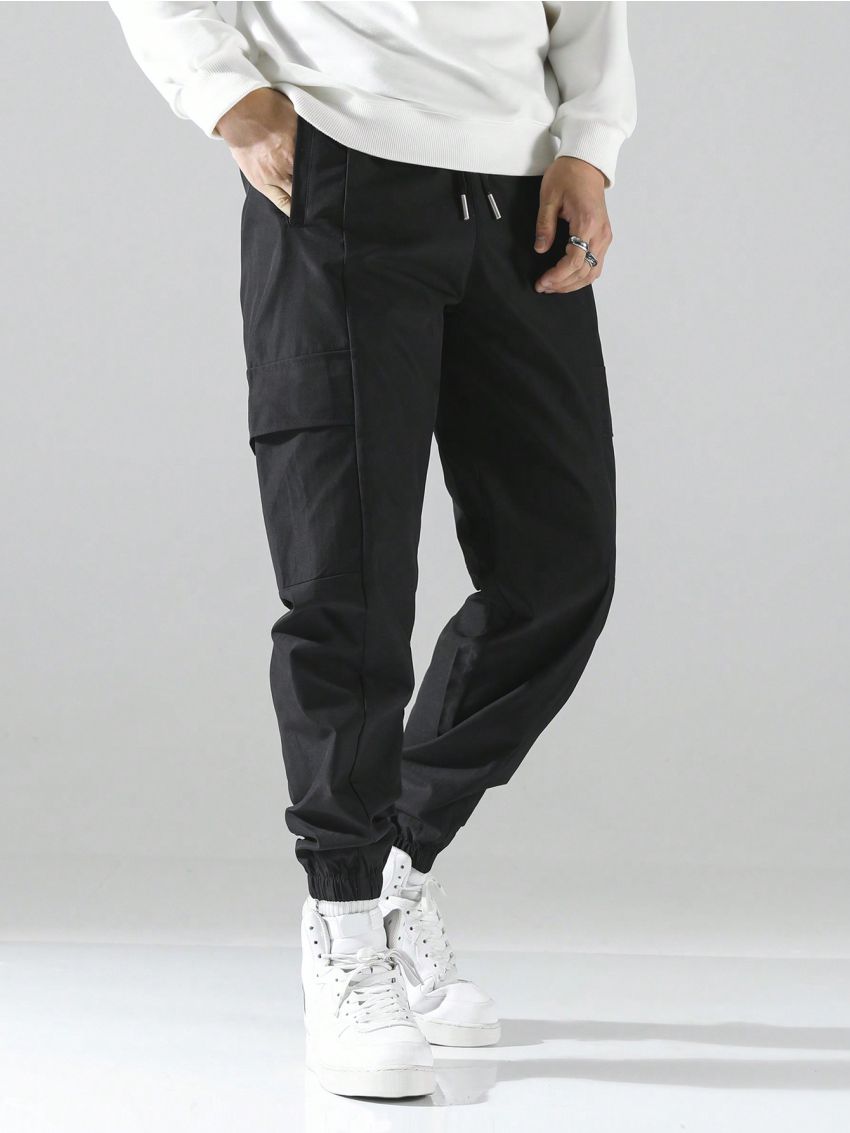 Extended Sizes Men's Solid Color Drawstring Cargo Pants