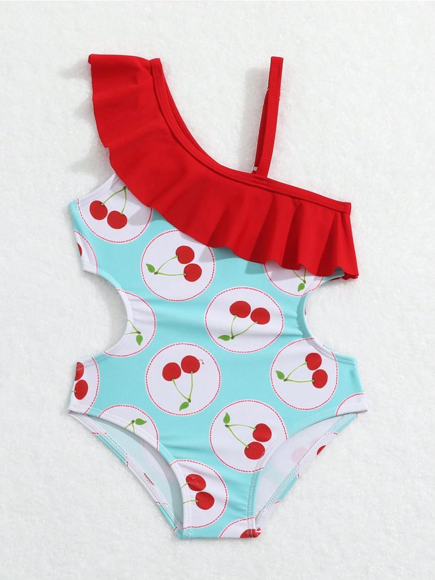 Infant Girls' Cherry Pattern One Piece Swimsuit With Ruffled Hem
