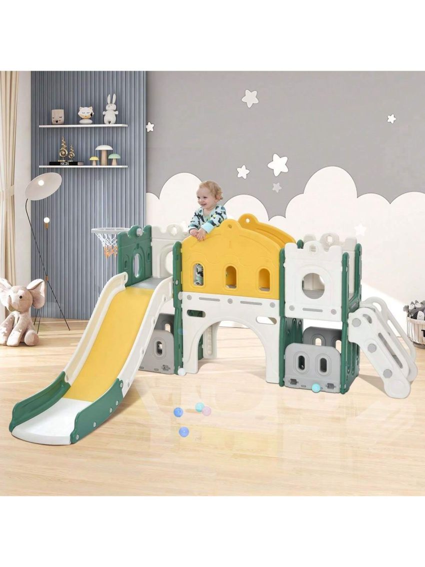 Merax Kids Slide Playset Structure, Freestanding Castle Climber with Slide and Basketball Hoop, Toy Storage Organizer for Toddlers, Kids Climbers Playhouse for Indoor Outdoor Playground Activity