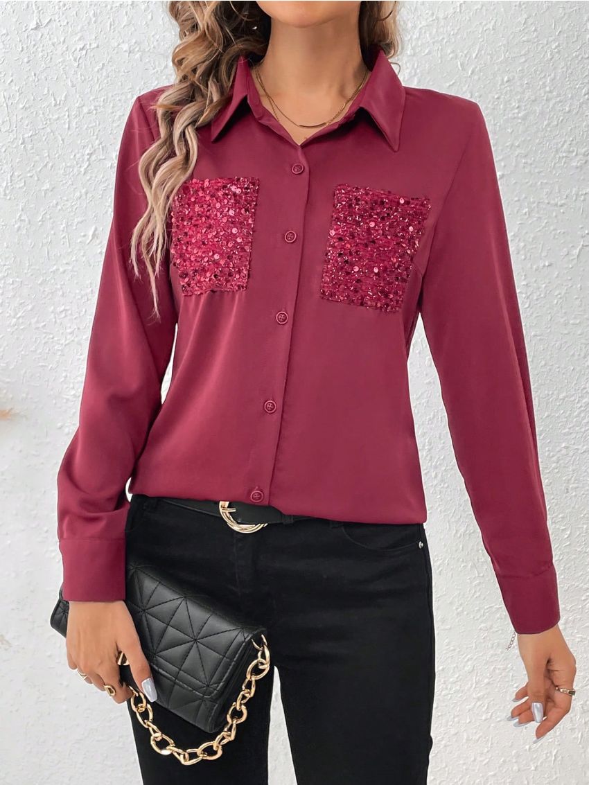 Women'S Patchwork Sparkly Pocket Shirt