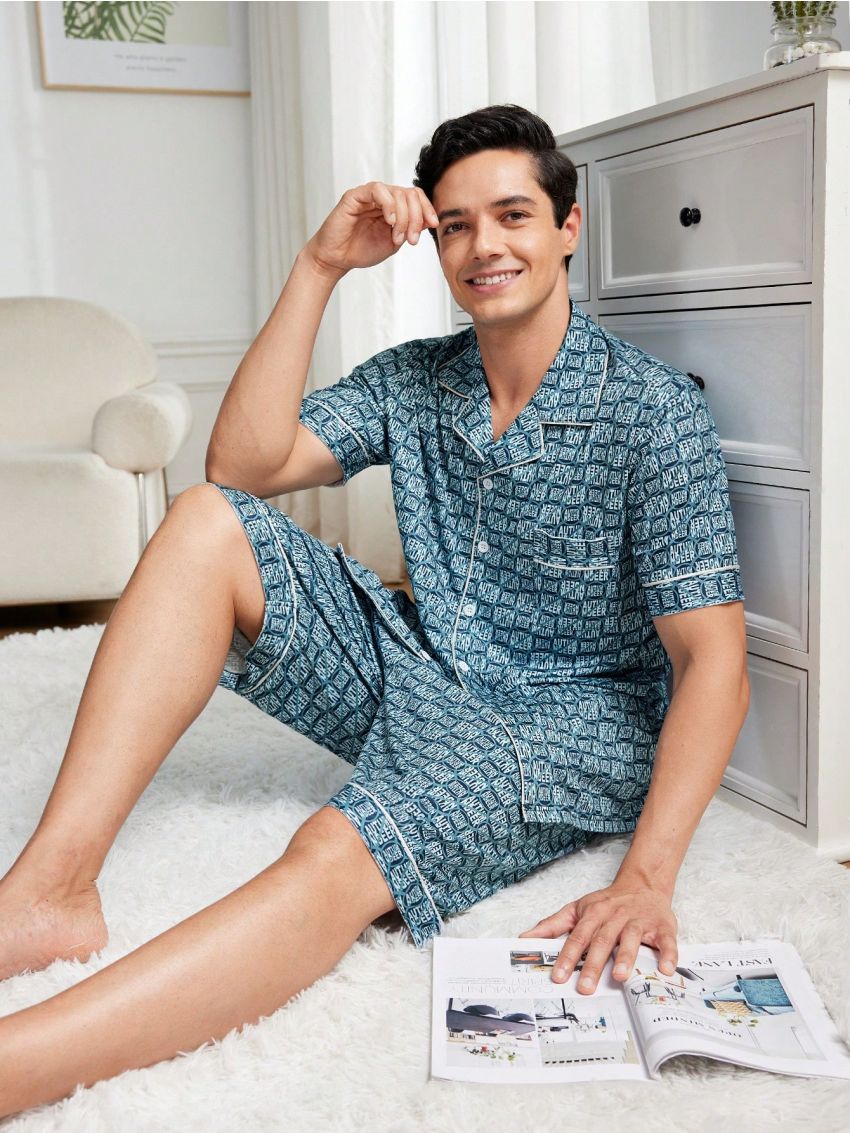 Men's Letter Print Color Block Collar Short Sleeve Top And Shorts Homewear Set