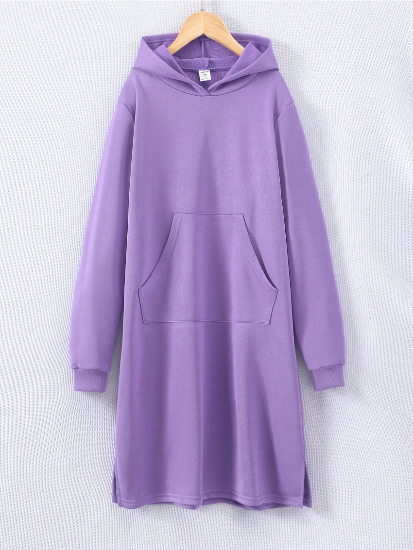 Teenage Girls' Solid Color Knee Length Hooded Sweater Dress For Autumn And Winter
