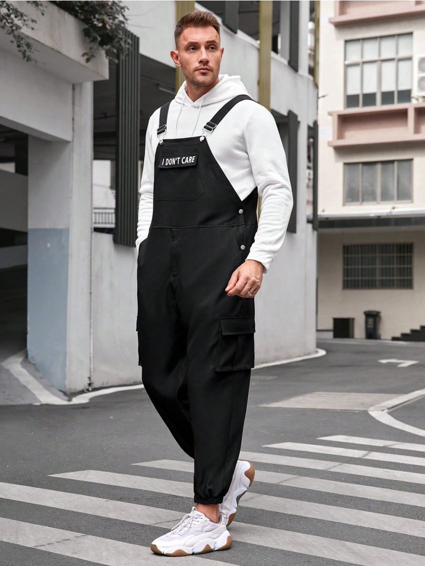 SHEIN Extended Sizes Men's Plus Size Letter Patch Woven Casual Dungarees