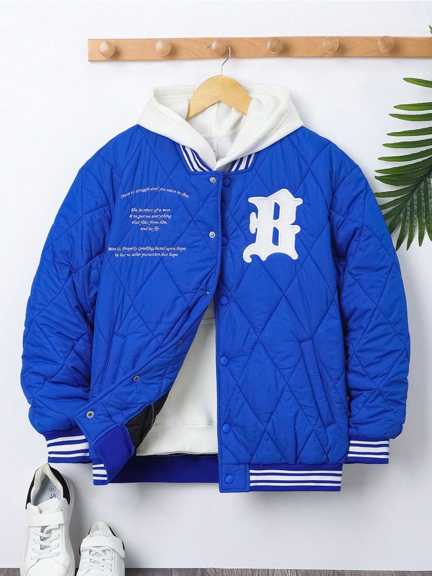 SHEIN Teenage Boys' Casual Sport Jacket With Embroidered English Pattern, Thick Padded Style