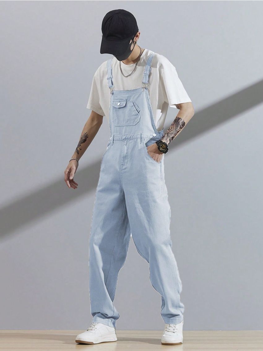 Manfinity Hypemode 1pc Men's Adjustable Straps Denim Overalls With Slanted Pockets