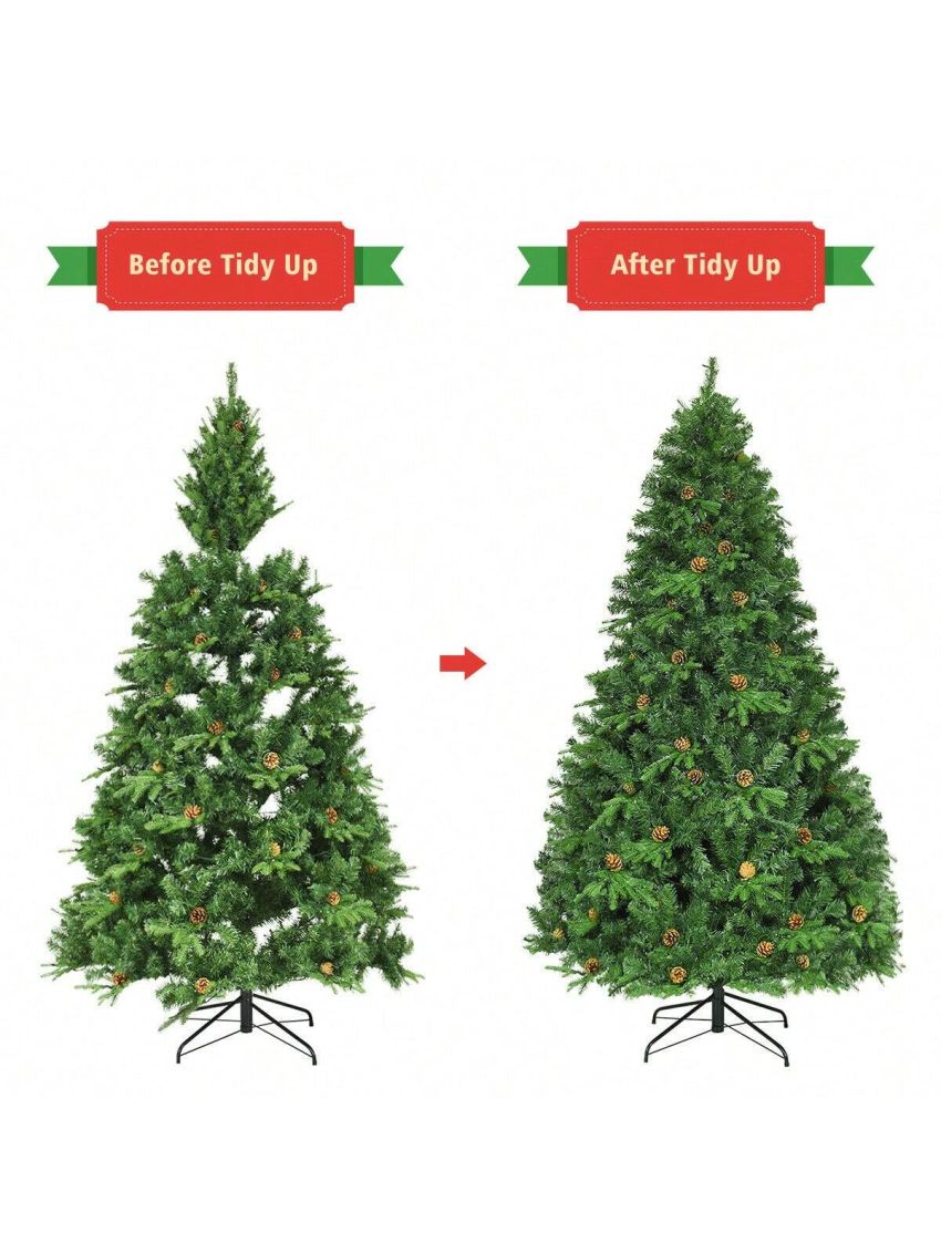 Gymax Pre-Lit 7' Premium Spruce Artificial Christmas Tree Hinged 460 LED Lights Pine Cones