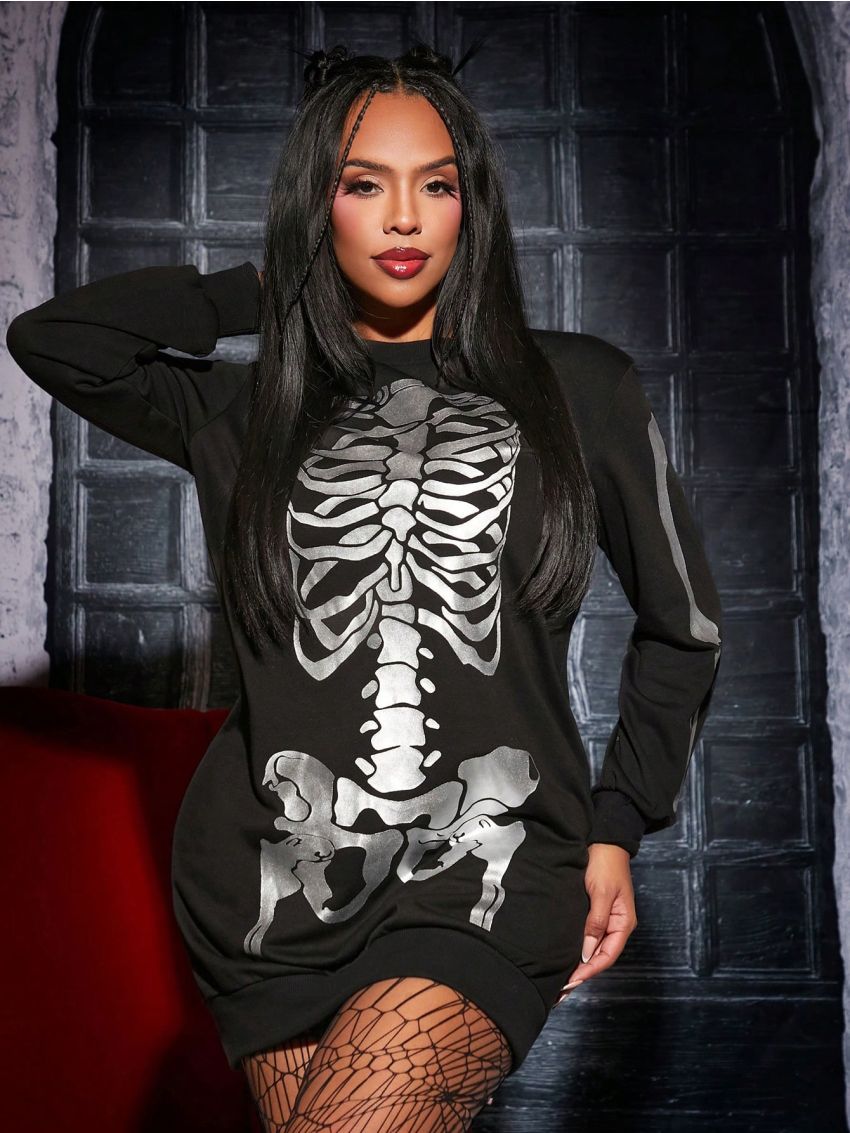 SHEIN SXY Skeleton Print Sweatshirt Dress