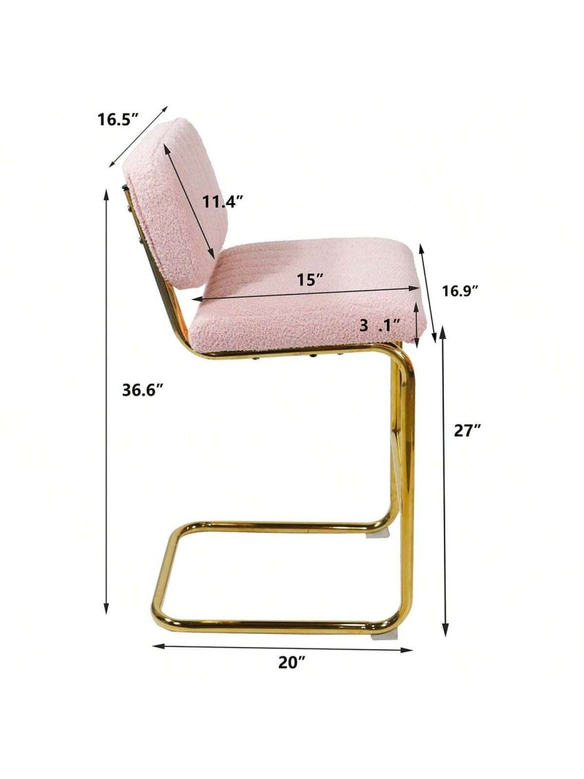 OSQI Mid-Century Modern Counter Height Bar Stools for Kitchen Set of 2, Armless Bar Chairs with Gold Metal Chrome Base for Dining Room, Upholstered Boucle Fabric Counter Stools, Pink