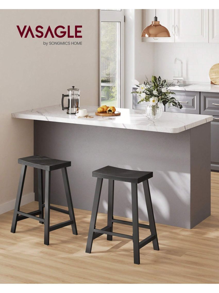 VASAGLE Bar Stools, Set of 2 Bar Chairs, Kitchen Breakfast Bar Stools with Footrest, 23.6 Inches High, Industrial in Living Room, Party Room, Black