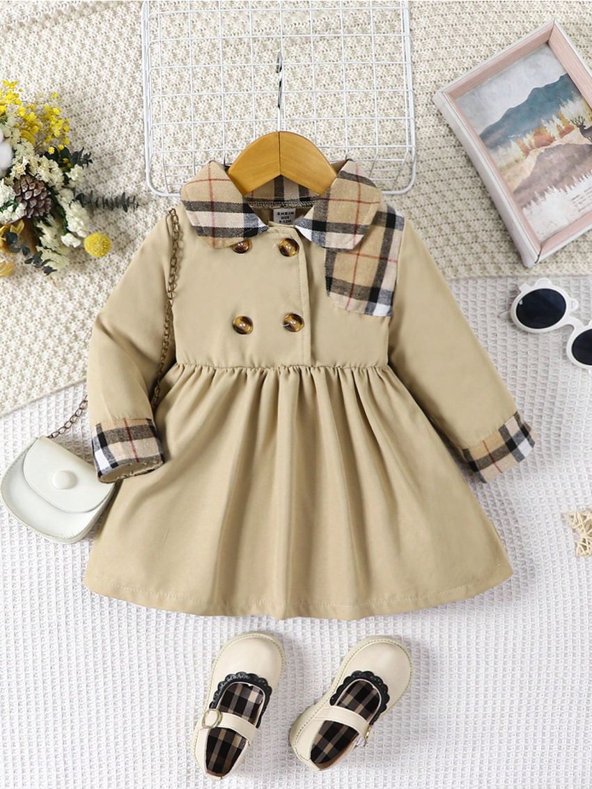 Baby Girl Plaid Double Breasted Contrast Collar Dress