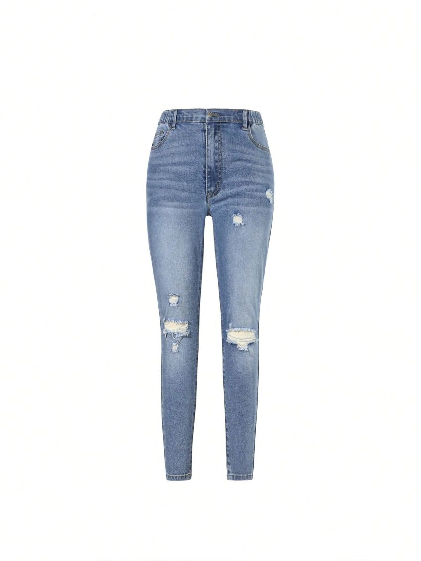 Girls' Elastic Ripped Jeans With Holes