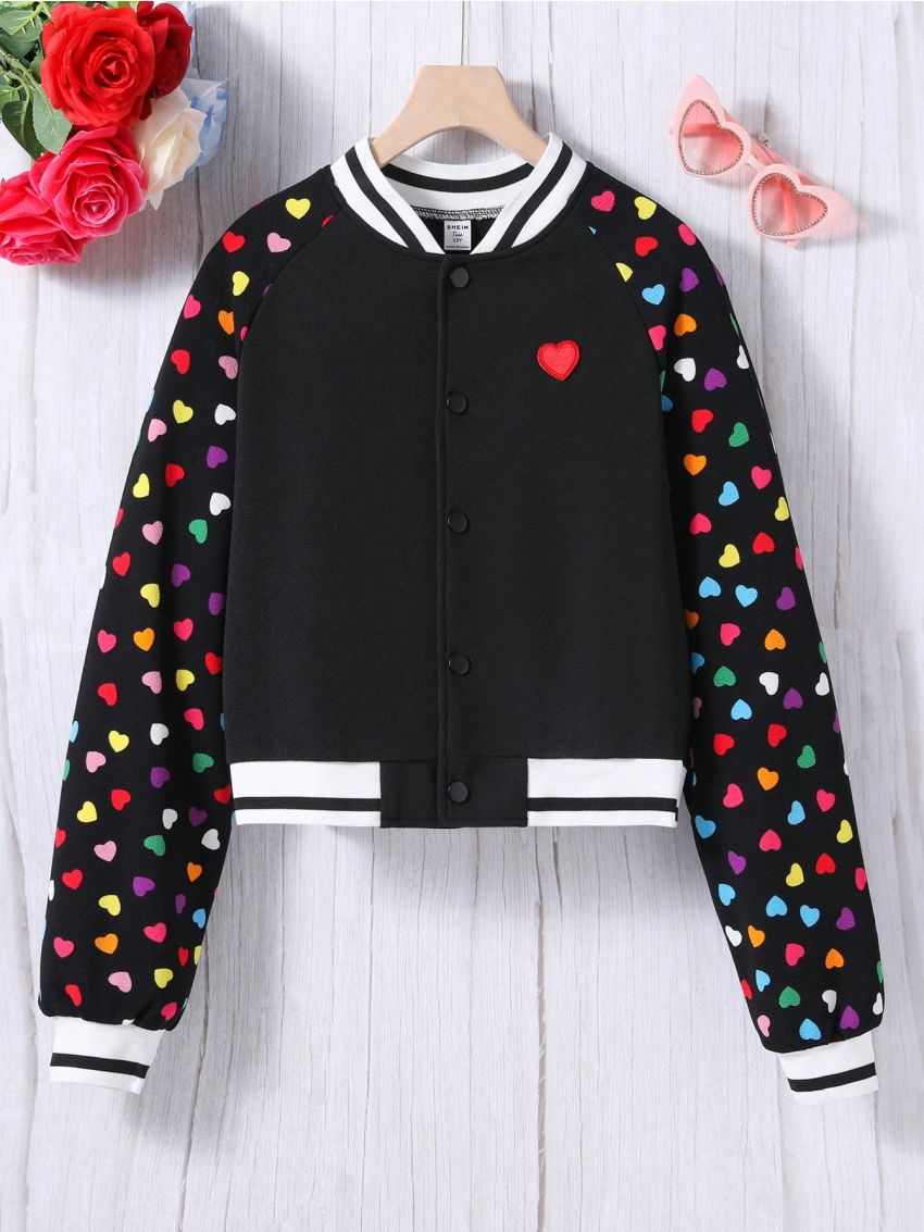 Teenagers (Female) Heart Print Baseball Collar Jacket
