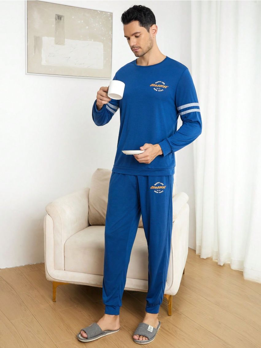 Men Letter Graphic Striped Trim Sweatshirt & Sweatpants