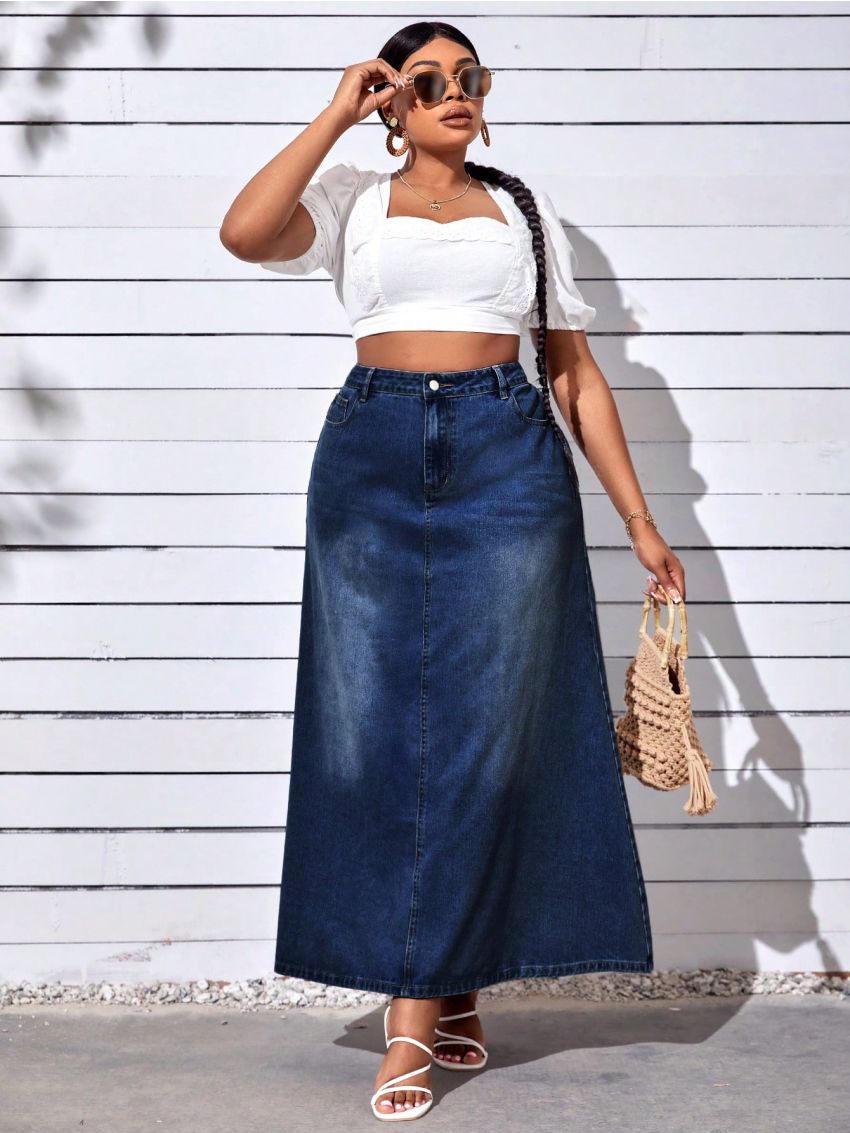 Plus High Waist Denim Skirt