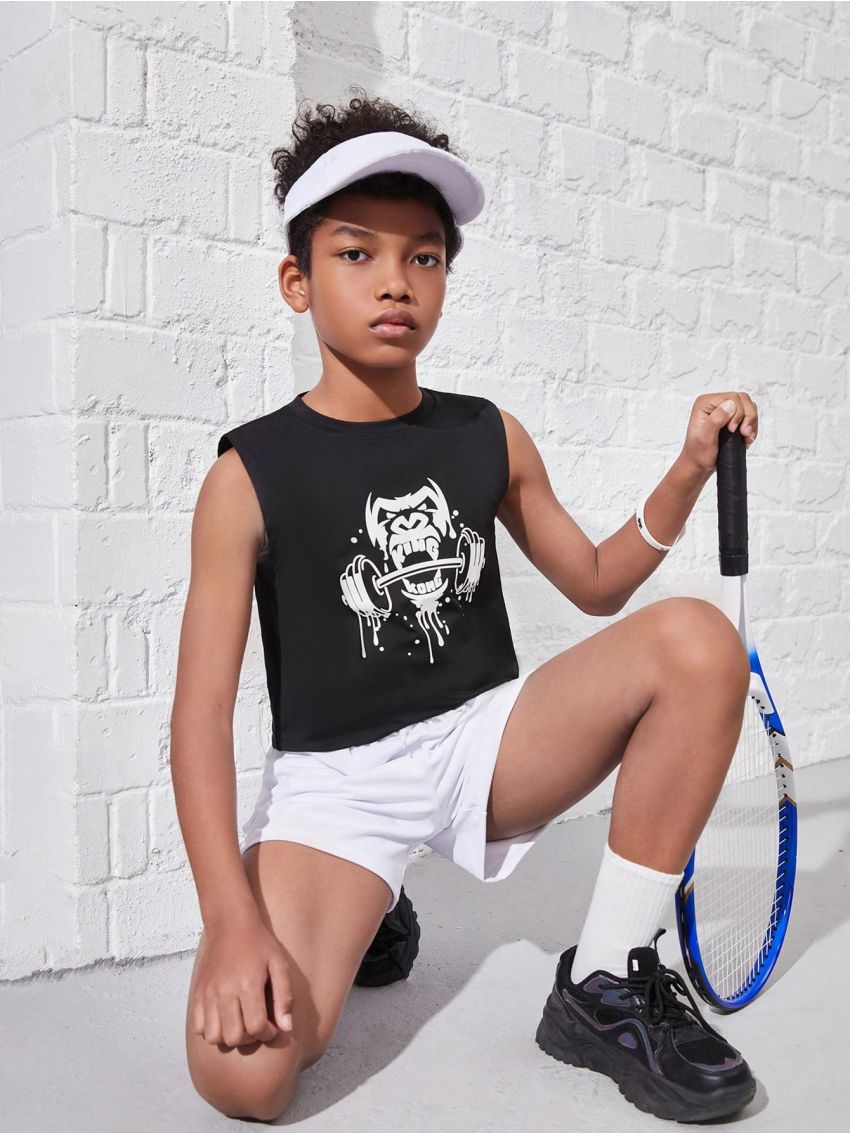 Tween Boy's Black Gorilla Print Short Sleeve T-Shirt With Stretch Fabric For Comfortable Exercise, Running, Or Cycling