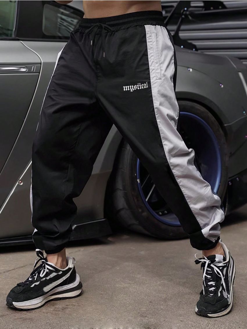 Men Letter Graphic Contrast Side Seam Drawstring Waist Sports Pants