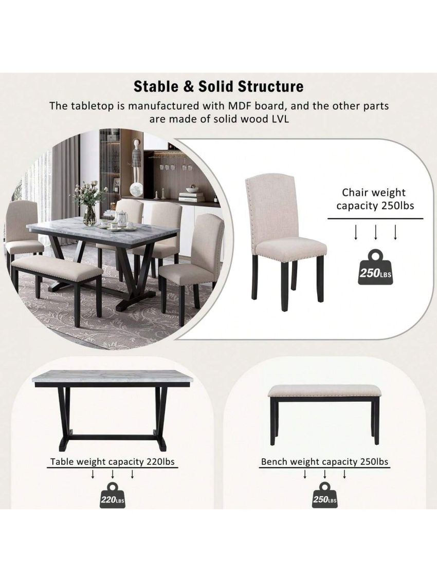 Merax Modern Style 6-piece Dining Table with 4 Chairs & 1 Bench, Table with Marbled Veneers Tabletop and V-shaped Table Legs (White)
