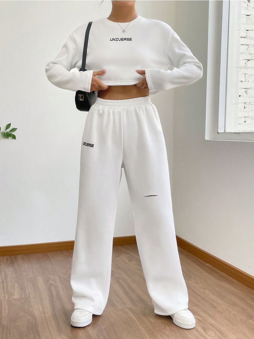 SHEIN EZwear Letter Graphic Drop Shoulder Crop Tee & Ripped Wide Leg Pants