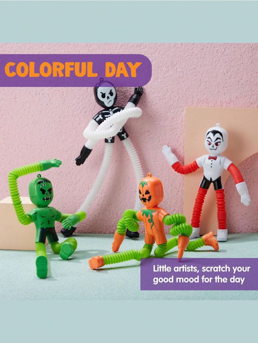 JOYIN 4 PCS Halloween Sensory Stretchy Fidget Toys, Stress Relief Telescopic Pop Tube Toys, Halloween Party Favors Children Gift, Pumpkin, Skeleton, Vampire, Kids Sensory Toys