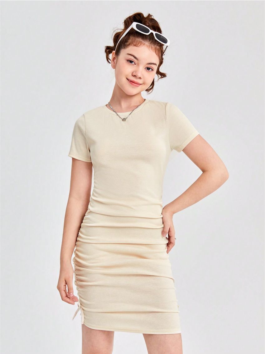 SHEIN Teen Girls' Slim Fit Knit Ribbed Ruched Dress With Round Neckline