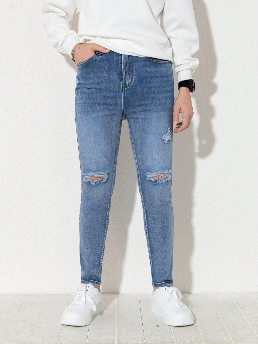 Teenage Boys' Distressed And Washed Denim Skinny Jeans