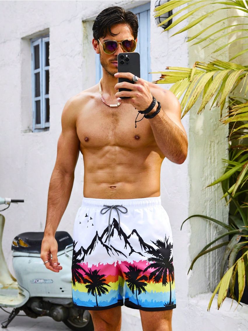 Men'S Landscape Print Drawstring Beach Shorts