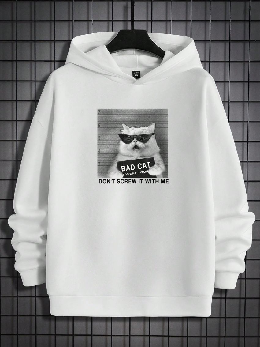 Manfinity Hypemode Men's Plus Size Loose Fit Hoodie With Cat And Slogan Print