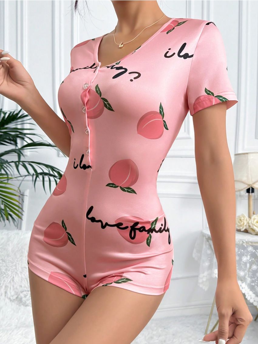 Women's Peach Letter Print Romper