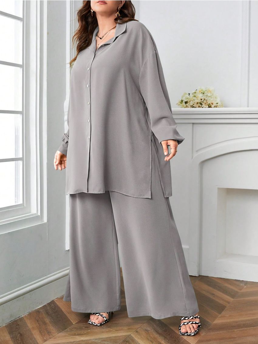 SHEIN LUNE Plus Drop Shoulder Shirt & Wide Leg Pants