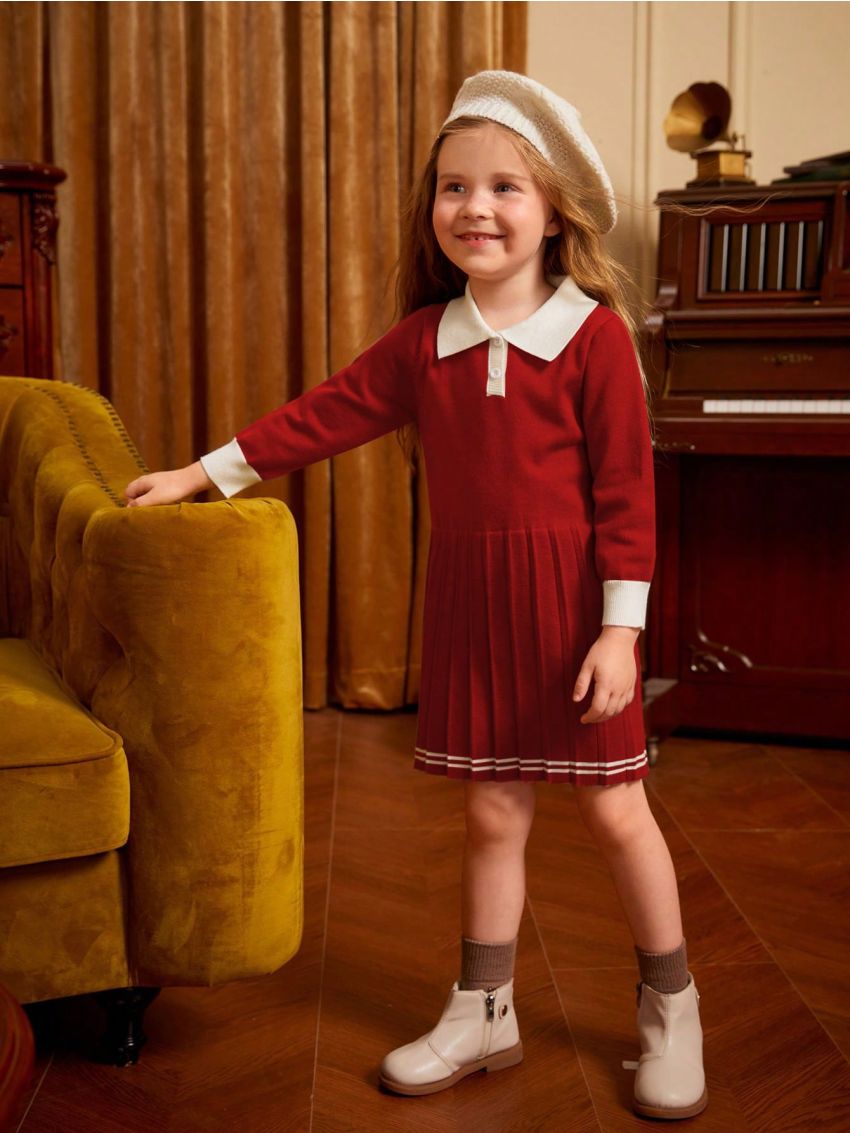 SHEIN Kids Nujoom Young Girl Contrast Trim Pleated Sweater Dress