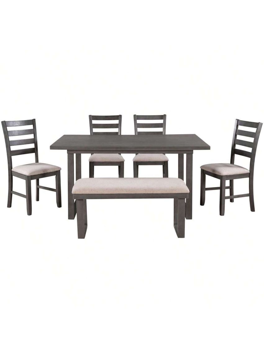 Merax 6-Pieces Family Furniture, Solid Wood Dining Room Set with Rectangular Table & 4 Chairs with Bench(Gray)