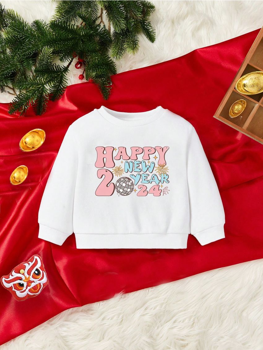 Infant Girls' Casual Long Sleeve Round Neck Sweatshirt With 2024 New Year Pattern, Suitable For Autumn And Winter