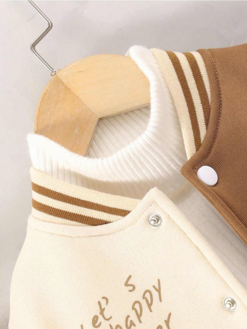 SHEIN Toddler Boys' Alphabet Pattern Bear Embroidery Baseball Jacket For Autumn Winter