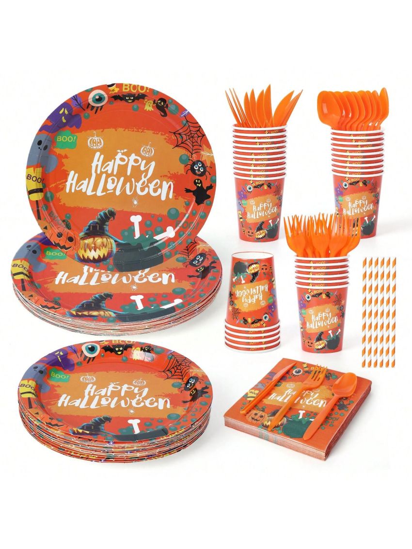 200 pcs Halloween Party Supplies Dinnerware Set of Paper Plates, Napkins, Paper Cups, Plastic Utensils for Halloween Party Decoration, for 25