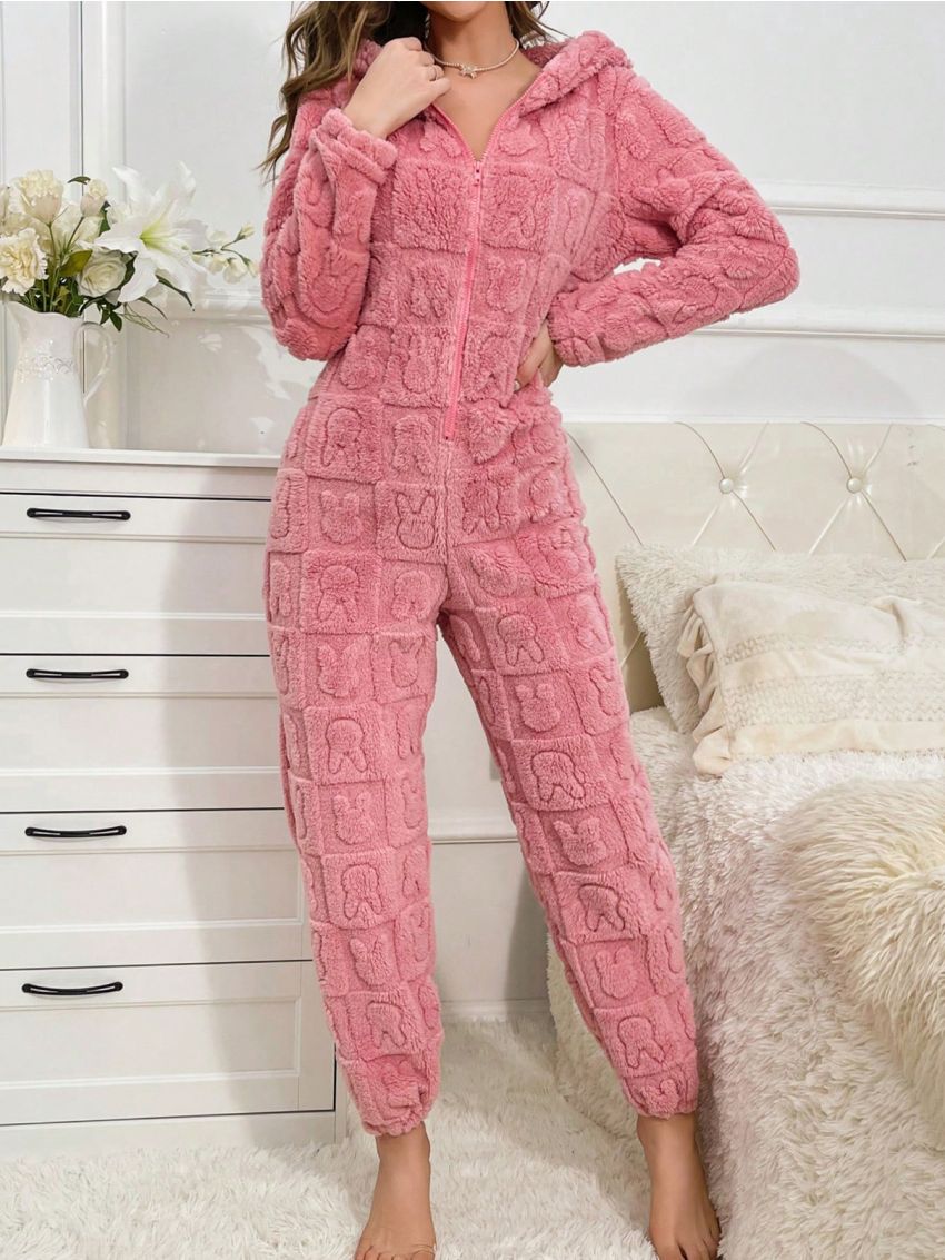 Cartoon Pattern Hooded Zipper Flannel Lounge Jumpsuit