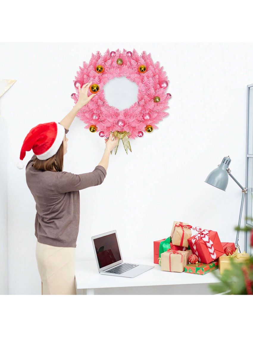 Costway 24'' Artificial PVC Christmas Wreath 140 Tips w/ Ornament Balls & Golden Bow Pink