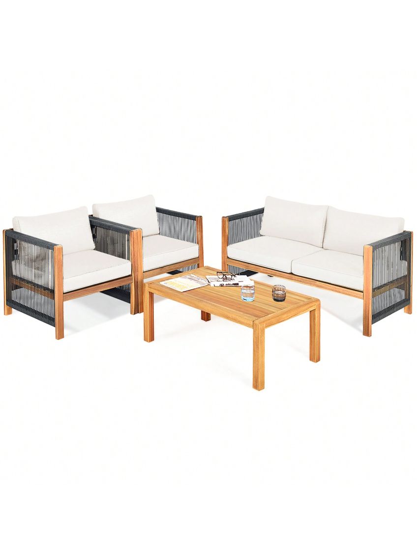 Gymax 4PCS Acacia Wood Outdoor Patio Furniture Conversation Set W/ White Cushions