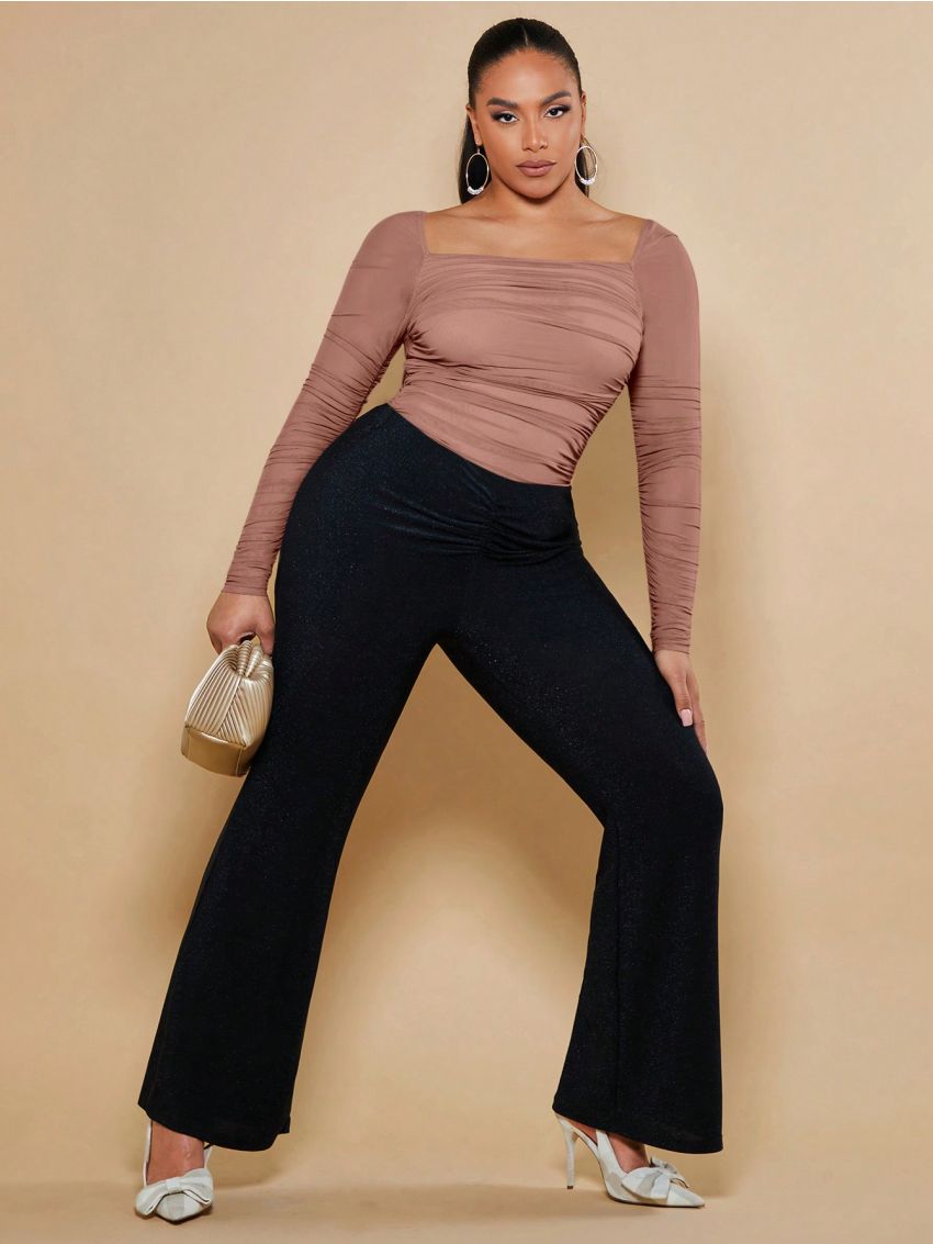 SHEIN BAE Plus Square Neck Ruched Mesh Blouse