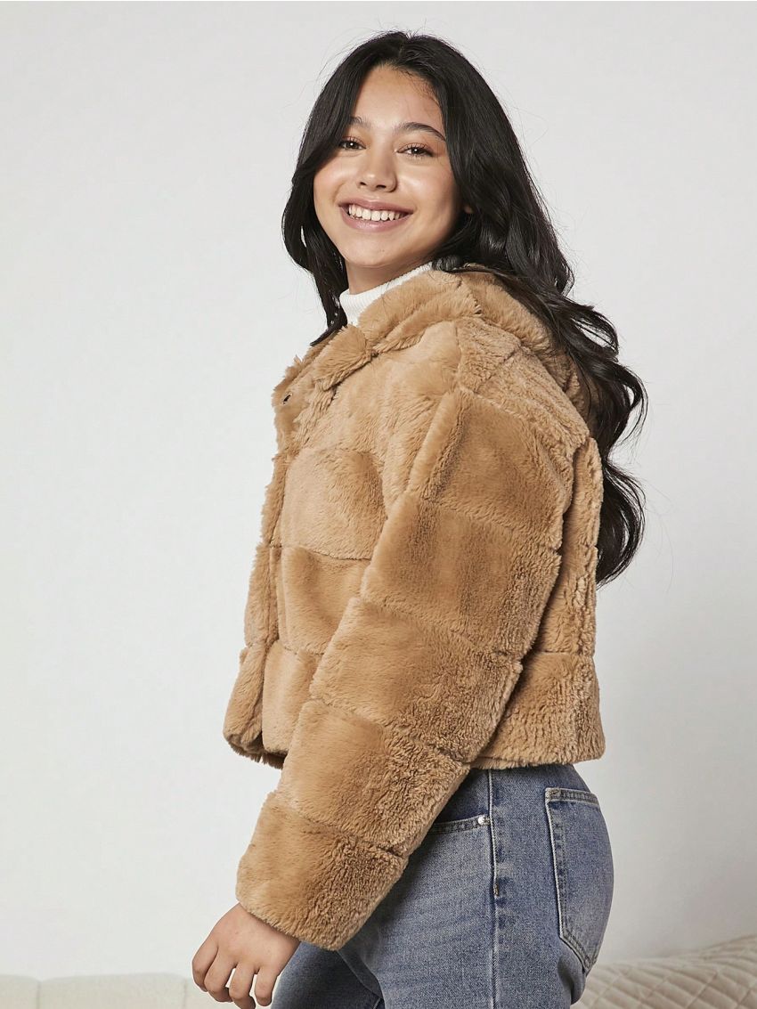 Teen Girl Open Front Hooded Teddy Jacket