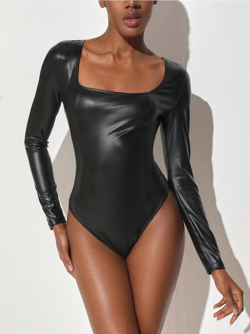 Janis Chow Women'S Long Sleeve Pu Leather Bodysuit Jumpsuit