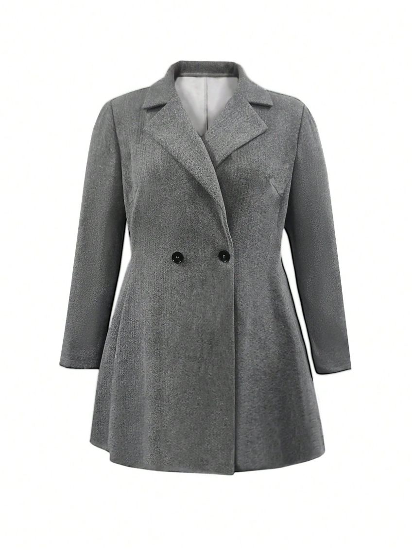 Women's Plus Size Gray Woolen Coat With Pointed Lapel And Double Breasted Button