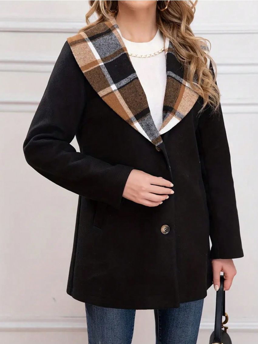 Plus Size Plaid Waterfall Lapel Single Breasted Woolen Coat