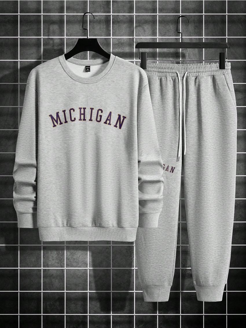 Manfinity Homme Men's Plus Size Casual Round Neck Two-piece Set With Text Print