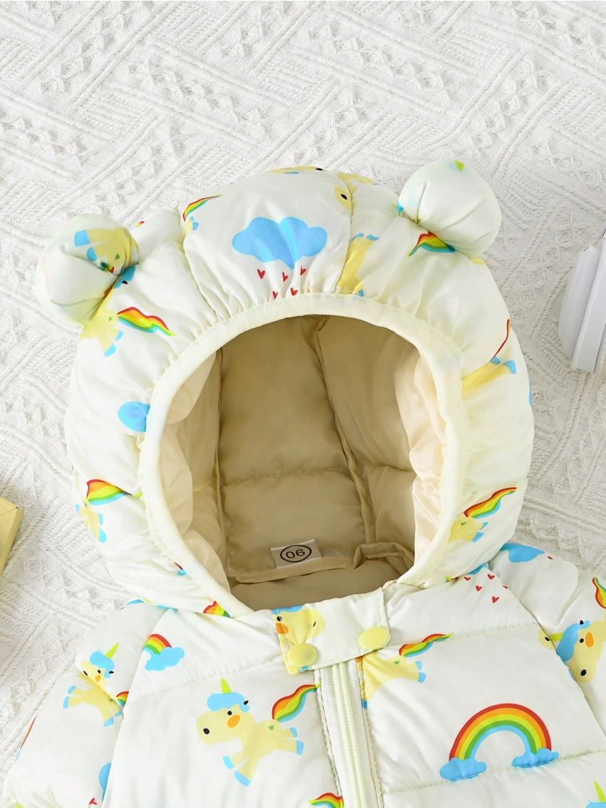 Baby Girl Rainbow & Unicorn Print 3D Ear Design Hooded Puffer Coat