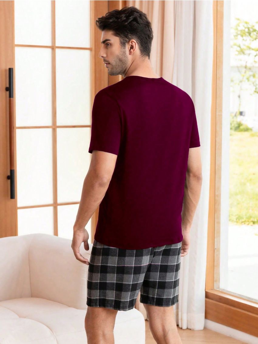 Men Solid Tee & Plaid Print Shorts