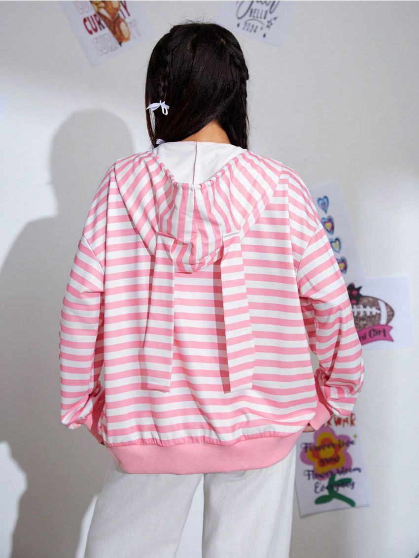 SHEIN Qutie Rabbit Ear Decorated Striped Zip Up Hoodie