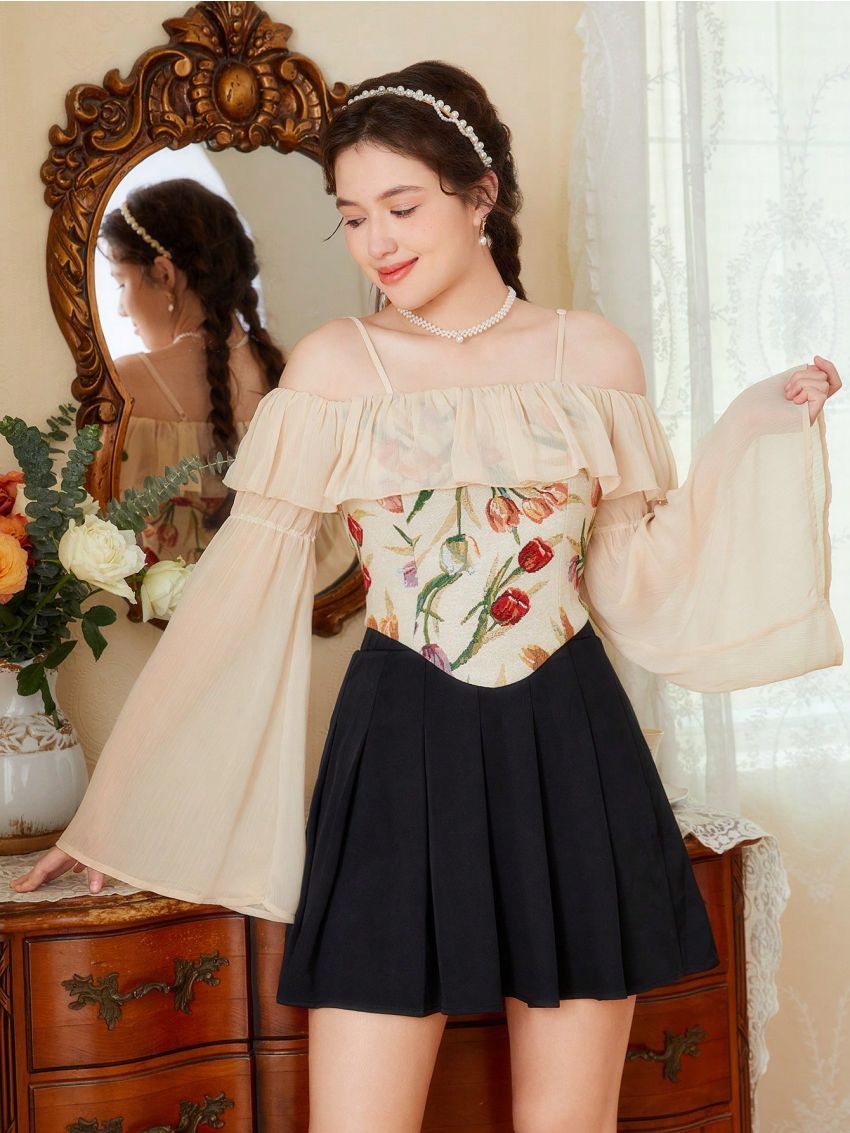 SHEIN Teen Girls' Jacquard Woven Chiffon Off Shoulder Top With Spaghetti Straps