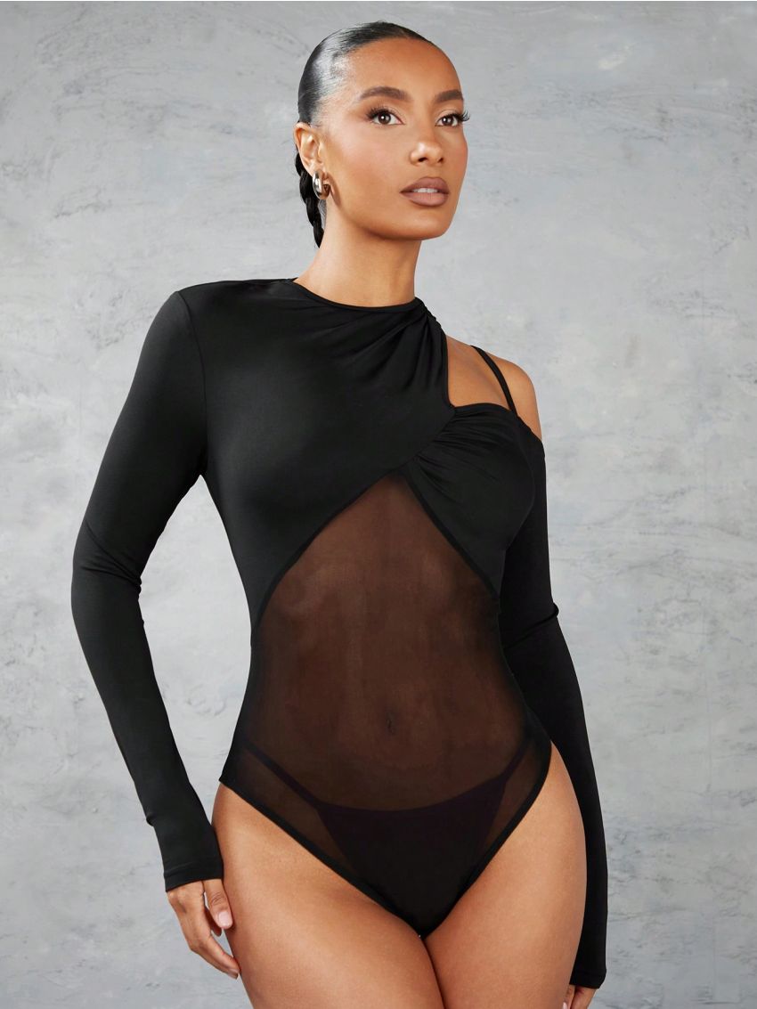 SHEIN BAE Women's Irregular Shoulder Cutout Mesh Splice Bodysuit, Slim Fit